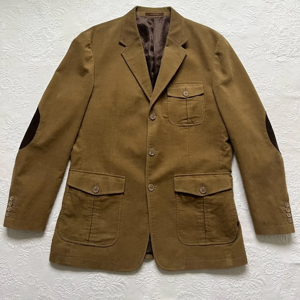 Tasso Elba Corduroy Safari Hunting Style Medium Jacket Cotton Khaki Elbow Patch